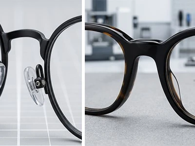 Side‑by‑side macro comparison of eyeglass nose support: metal bracket separate nose pads versus integrated one‑piece acetate nose bridge, optical frame component reference Side‑by‑side macro comparison of eyeglass nose support: metal bracket separate nose pads versus integrated one‑piece acetate nose bridge, optical frame component reference